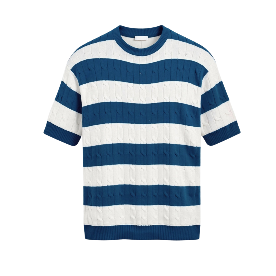 LEBARON Crew Neck Cable Knit Striped T-Shirt