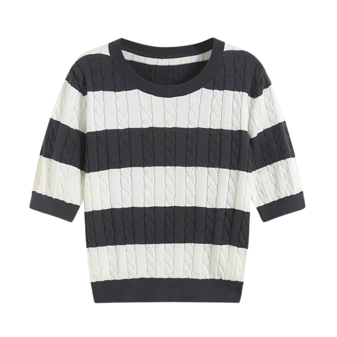 LEBARON Crew Neck Cable Knit Striped T-Shirt